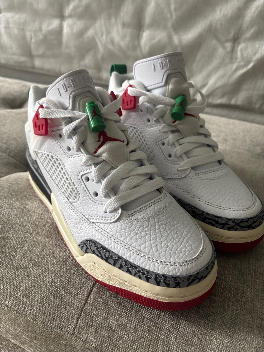 Jordan Kids White Sneakers with Red & Green Accents